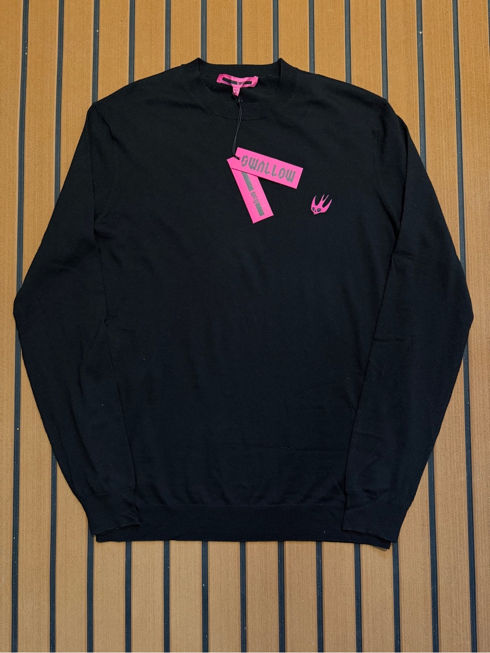 Alexander McQueen Swallow Extra Fine Wool Knit Sweater Mens Large Black Pink